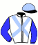 casaque portée par Plassard J. jockey du cheval de course STRATEGIE BLEU, information pmu ZETURF