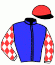 casaque portée par Velon Mlle M. jockey du cheval de course JARDIN BLEU, information pmu ZETURF