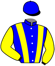 casaque portée par Fourcade R. jockey du cheval de course BLUE LAGOON, information pmu ZETURF