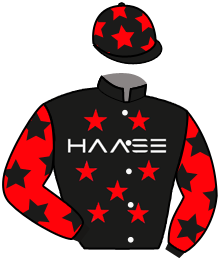 casaque portée par Besnier H. jockey du cheval de course PURPLE RAIN, information pmu ZETURF