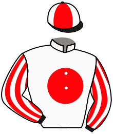 casaque portée par Trullier T. jockey du cheval de course LA BOBRIDE, information pmu ZETURF