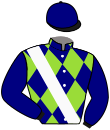 casaque portée par Meunier Gab. jockey du cheval de course LOSANGE VERT BLEU, information pmu ZETURF