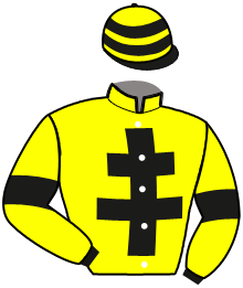 casaque portée par De Folleville B. jockey du cheval de course LE BROK, information pmu ZETURF